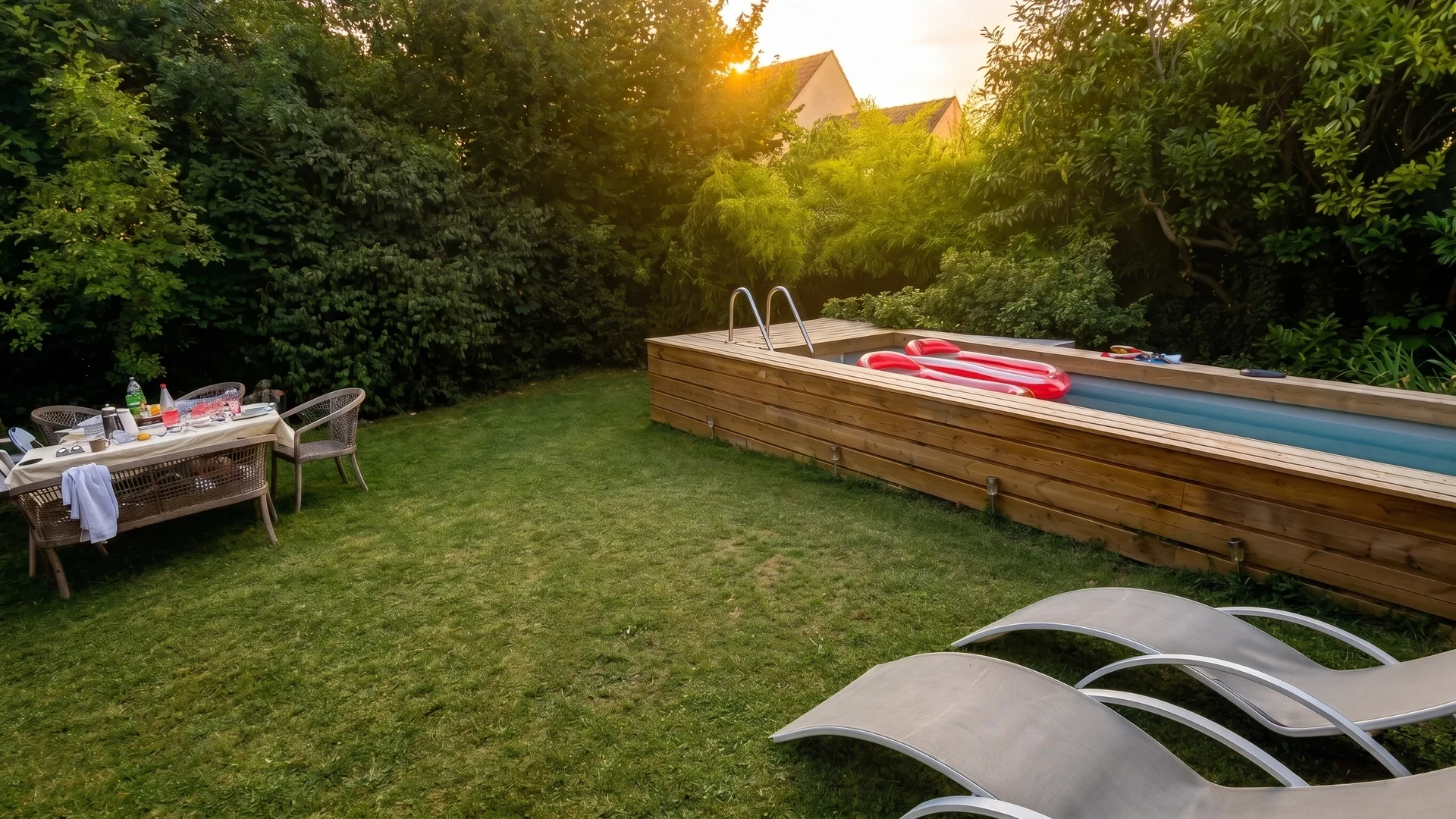Table dressée et transats face à la piscine du jardin de Sarcelles au coucher du soleil