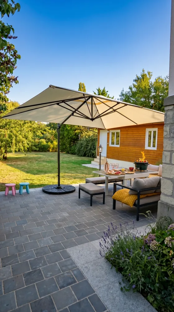 Terrasse carrelée avec grand parasol déporté, salon de jardin et plancha électrique allumé en soirée