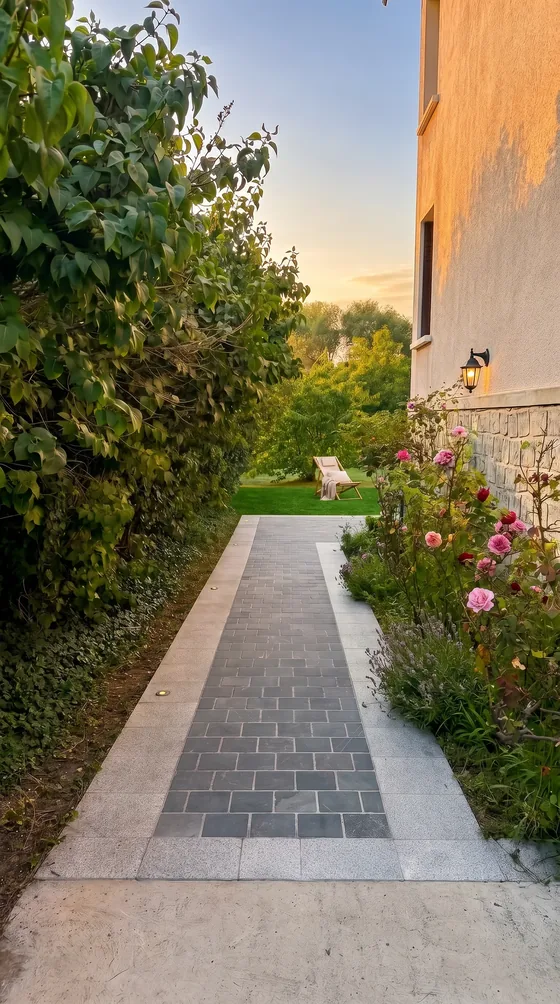 Allée pavée bordée de rosiers en fleurs menant au jardin au coucher du soleil