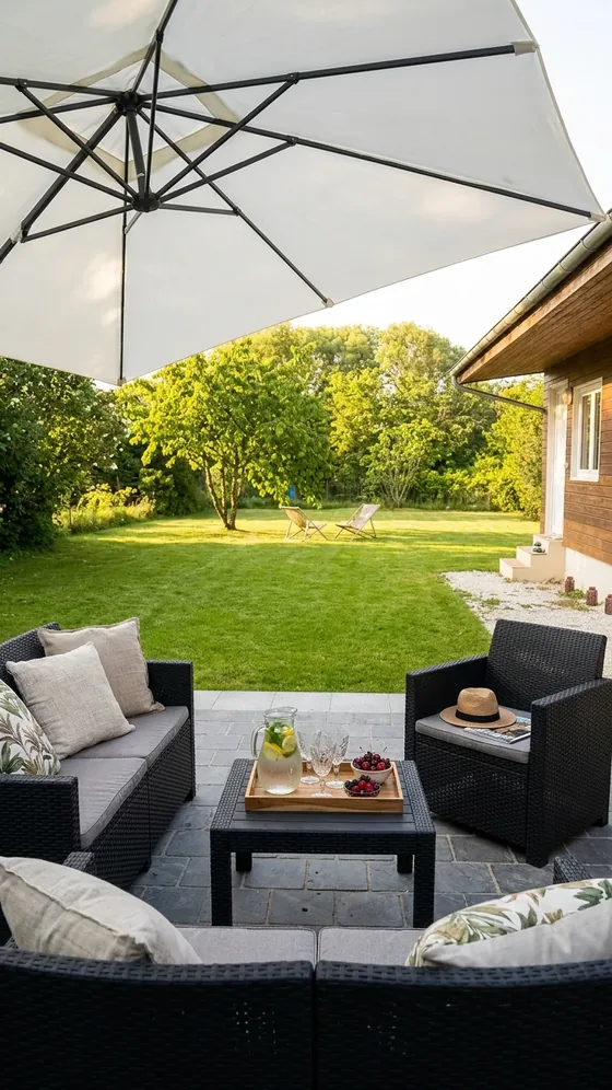 Terrasse avec salon de jardin, parasol et plateau apéritif, vue sur la pelouse et la dépendance