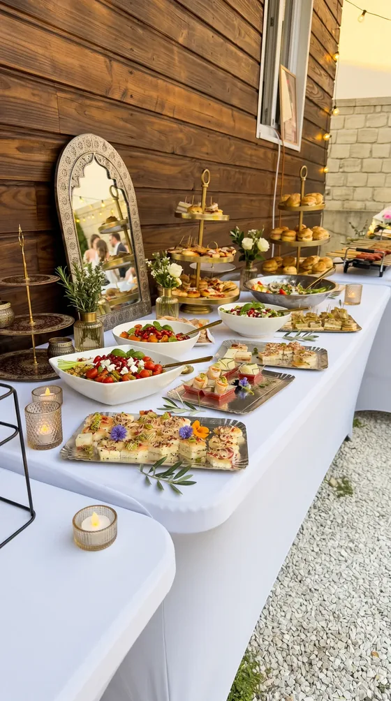 Buffet apéritif dînatoire dressé en extérieur avec verrines, petits fours et viennoiseries