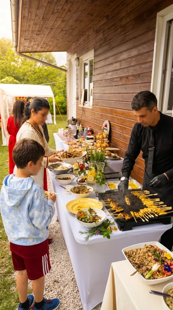 Buffet traiteur en extérieur avec chef servant des brochettes à des convives dont un enfant